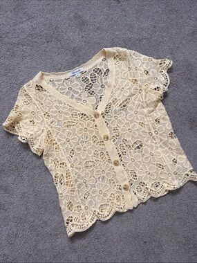 Francesca's Collections Cream Crochet Floral Button Cardigan